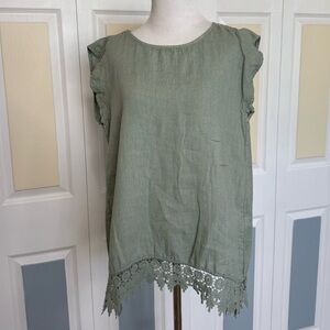 Terzo Millennio 100% Linen Made in Italy Sleeveless Top Green Lace Ruffle Sz L